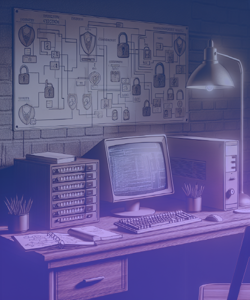 A dimly lit cybersecurity investigator’s desk featuring an old-school computer displaying encrypted code. A network security blueprint with padlocks, shields, and connection diagrams hangs on the brick wall, symbolizing cyber threat analysis, ethical hacking, and digital forensics. The desk is cluttered with notes, files, and electronic storage devices, emphasizing cybersecurity research, data protection, and cyber intelligence strategies.