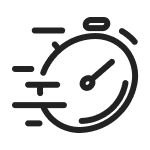 Minimalist black stopwatch icon with motion lines, symbolizing speed, efficiency, rapid performance, and quick response time in cybersecurity, business operations, or digital transformation