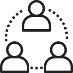 Minimalist black icon of three interconnected people, representing teamwork, collaboration, secure communication, and network connectivity in business, cybersecurity, and digital ecosystems.