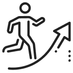Minimalist black icon of a person running upwards along an arrow, representing progress, personal development, career growth, cybersecurity resilience, and digital transformation success.