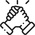 Minimalist black icon of two hands clasped together, symbolizing trust, partnership, security, cooperation, and teamwork in cybersecurity, business, and IT solutions.