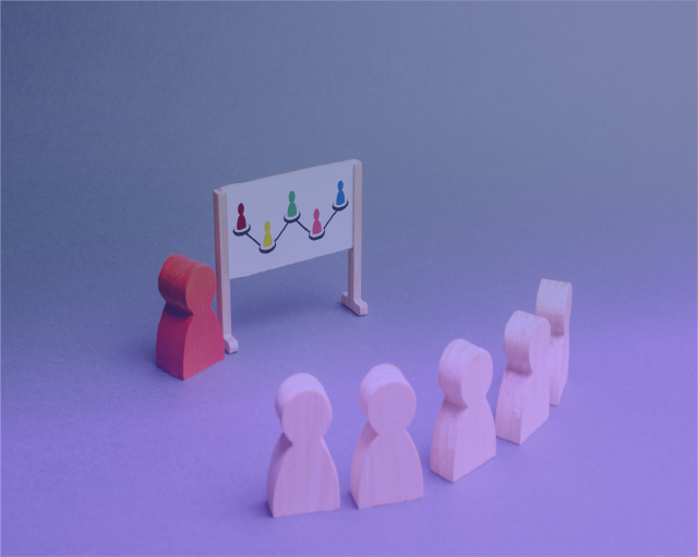 Illustration of a leader guiding a group using a presentation board, representing training, leadership development, and corporate learning strategies. The abstract setup highlights skills development and mentorship.