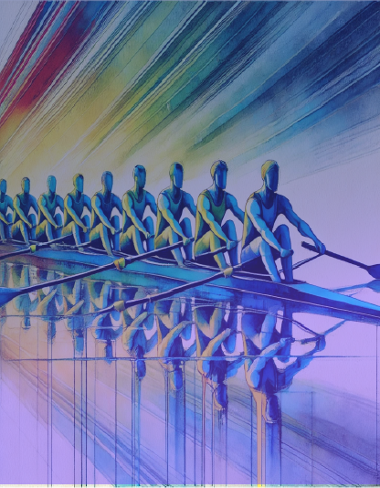 Conceptual image of a rowing team moving in synchronization, symbolizing teamwork, leadership, and efficiency in digital transformation. The futuristic background represents corporate collaboration, strategic growth, and business success.
